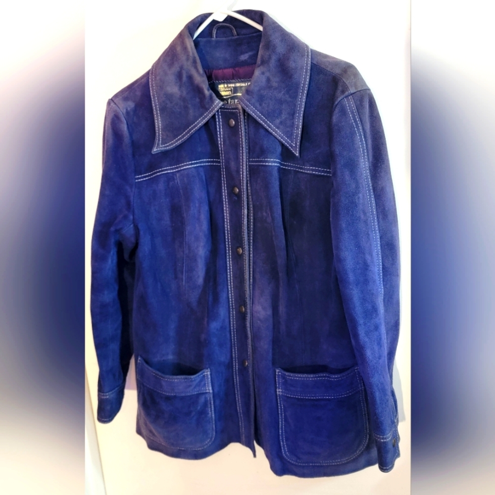 Vintage Suede Leather Women's Navy Blue Jacket - Picture 1 of 12